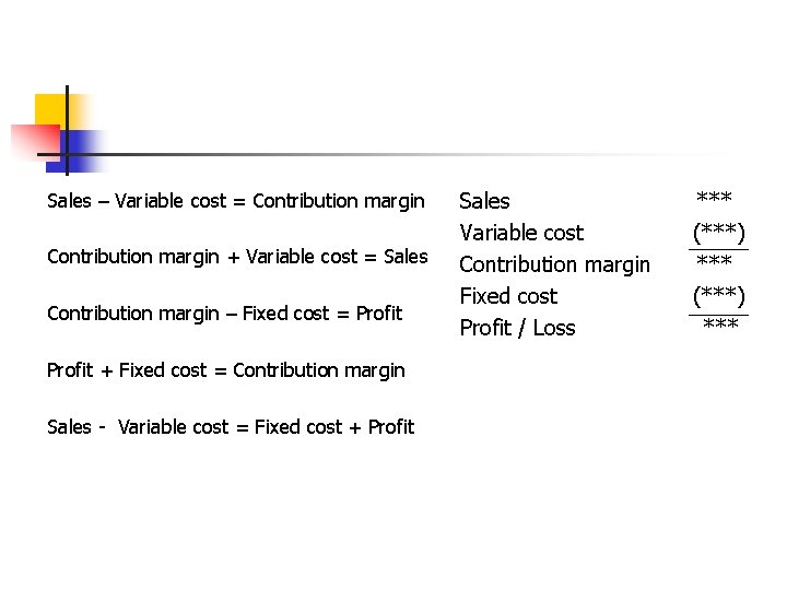 Sales – Variable cost = Contribution margin + Variable cost = Sales Contribution margin