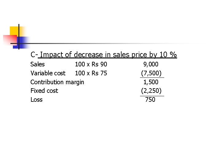C- Impact of decrease in sales price by 10 % Sales 100 x Rs
