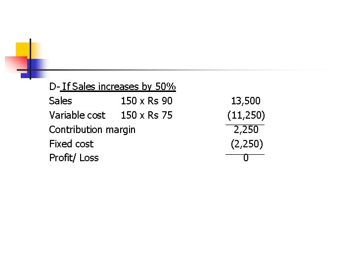 D- If Sales increases by 50% Sales 150 x Rs 90 Variable cost 150