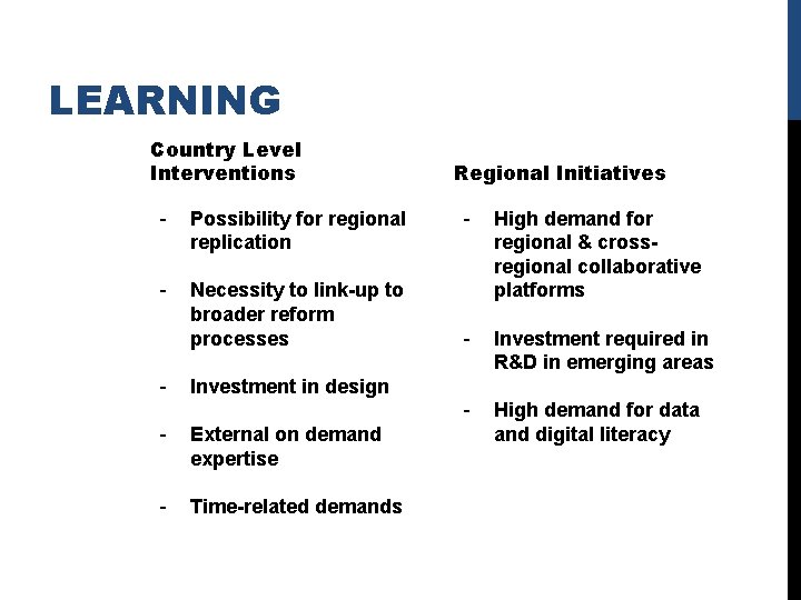 LEARNING Country Level Interventions - Possibility for regional replication - Necessity to link-up to LEARNING Country Level Interventions - Possibility for regional replication - Necessity to link-up to