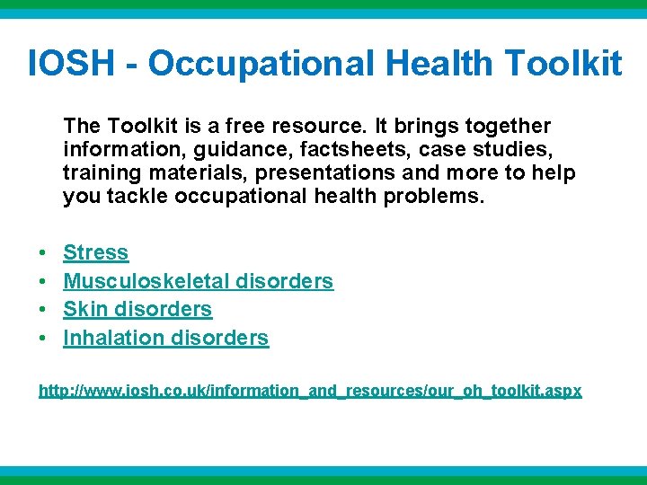 IOSH - Occupational Health Toolkit The Toolkit is a free resource. It brings together IOSH - Occupational Health Toolkit The Toolkit is a free resource. It brings together