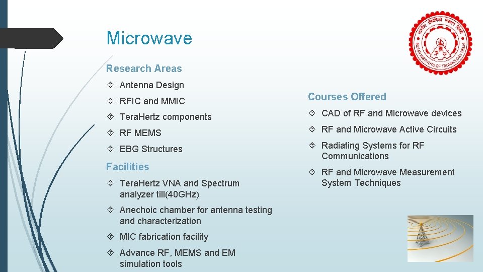 Microwave Research Areas Antenna Design RFIC and MMIC Courses Offered Tera. Hertz components CAD