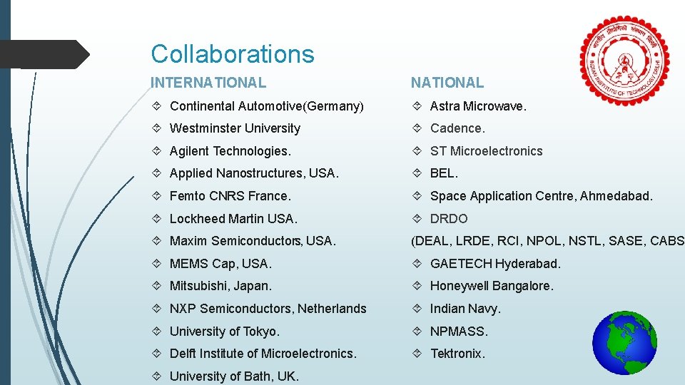 Collaborations INTERNATIONAL Continental Automotive(Germany) Astra Microwave. Westminster University Cadence. Agilent Technologies. ST Microelectronics Applied