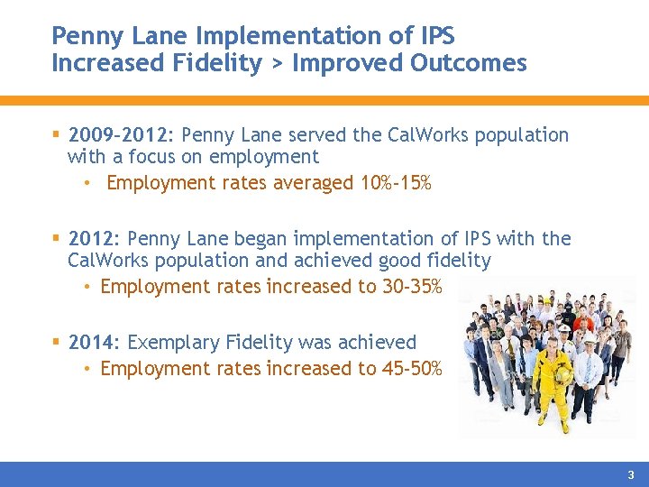 Penny Lane Implementation of IPS Increased Fidelity > Improved Outcomes § 2009 -2012: Penny