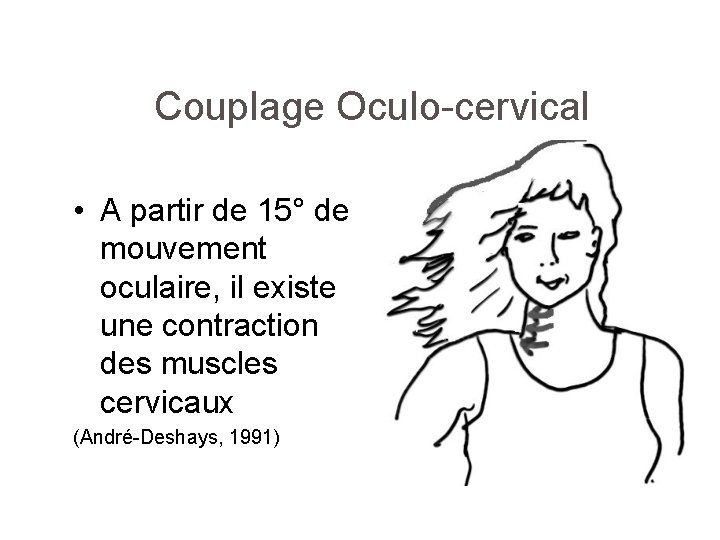 Couplage Oculo-cervical • A partir de 15° de mouvement oculaire, il existe une contraction