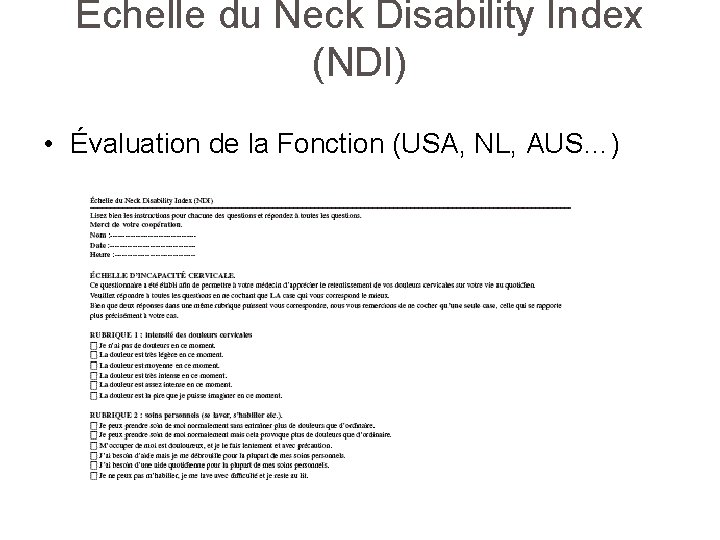 Échelle du Neck Disability Index (NDI) • Évaluation de la Fonction (USA, NL, AUS…)