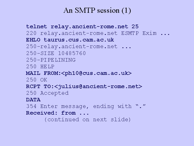 An SMTP session (1) telnet relay. ancient-rome. net 25 220 relay. ancient-rome. net ESMTP
