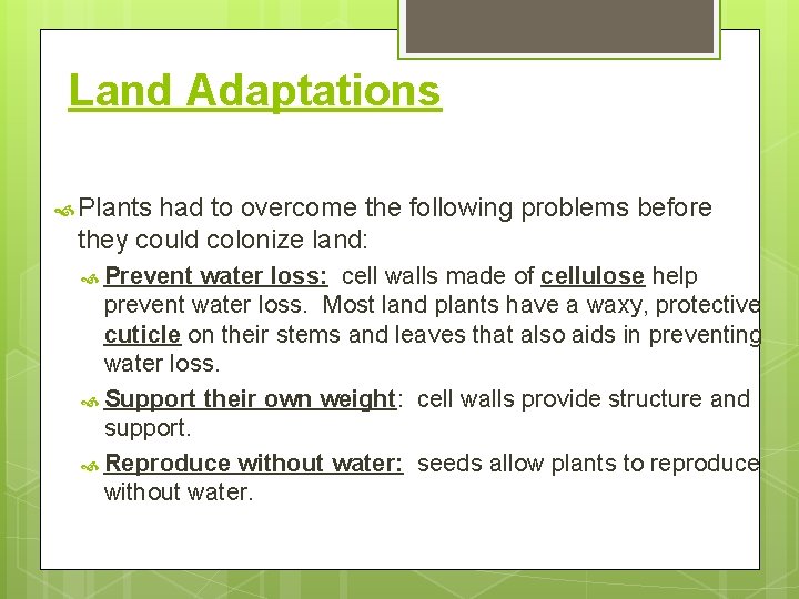 Land Adaptations Plants had to overcome the following problems before they could colonize land: