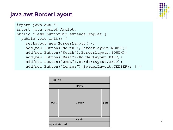 java. awt. Border. Layout import java. awt. *; import java. applet. Applet; public class