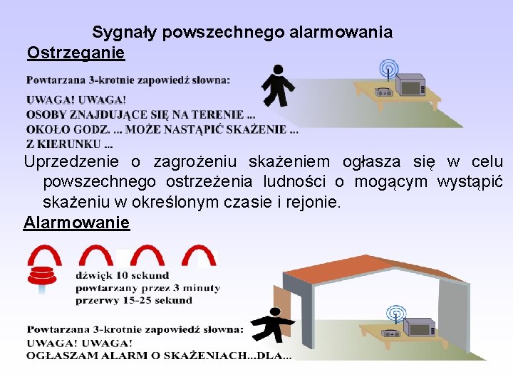 Sygnały powszechnego alarmowania Ostrzeganie Uprzedzenie o zagrożeniu skażeniem ogłasza się w celu powszechnego ostrzeżenia