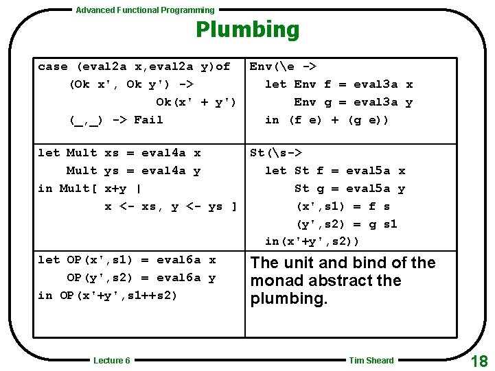 Advanced Functional Programming Plumbing case (eval 2 a x, eval 2 a y)of Env(e