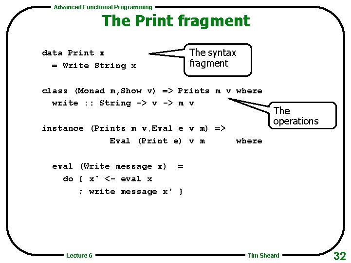 Advanced Functional Programming The Print fragment data Print x = Write String x The