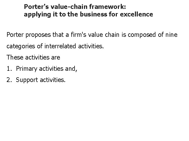 Porter's value-chain framework: applying it to the business for excellence Porter proposes that a