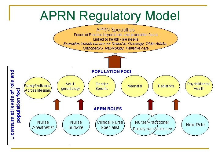 APRN Regulatory Model APRN Specialties Licensure at levels of role and population foci Focus