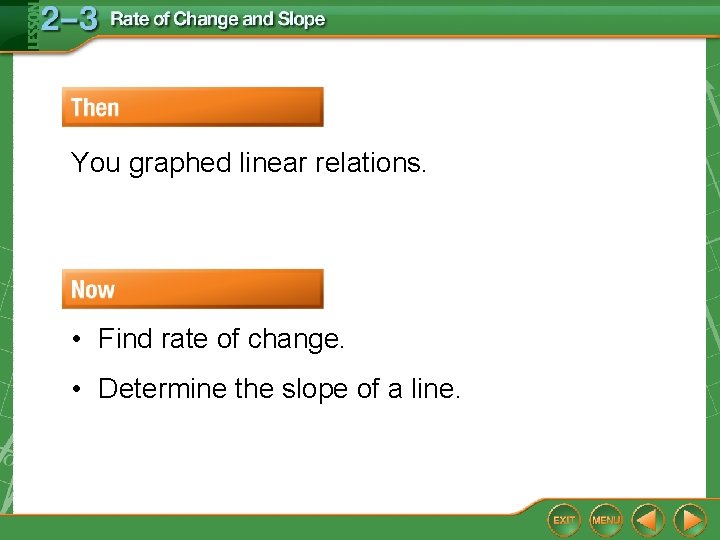 You graphed linear relations. • Find rate of change. • Determine the slope of You graphed linear relations. • Find rate of change. • Determine the slope of