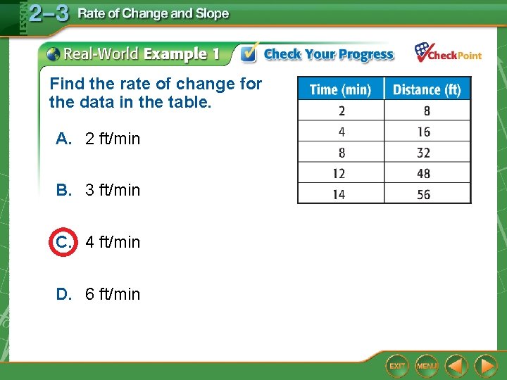 Find the rate of change for the data in the table. A. 2 ft/min Find the rate of change for the data in the table. A. 2 ft/min