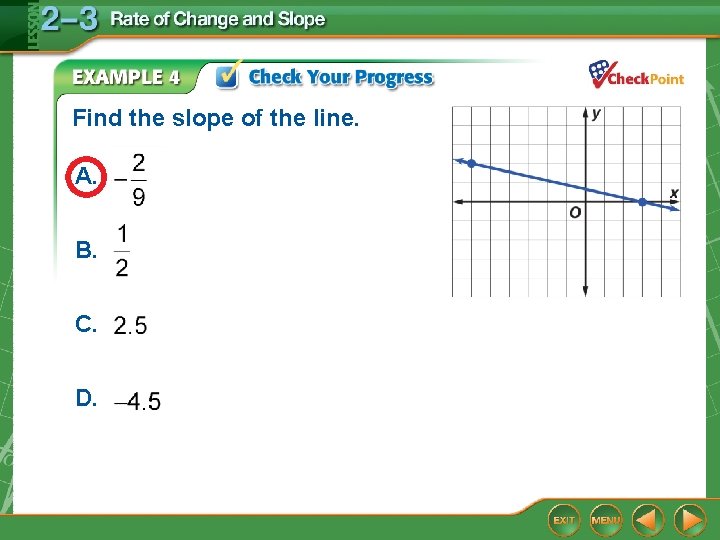 Find the slope of the line. A. B. C. D. Find the slope of the line. A. B. C. D.