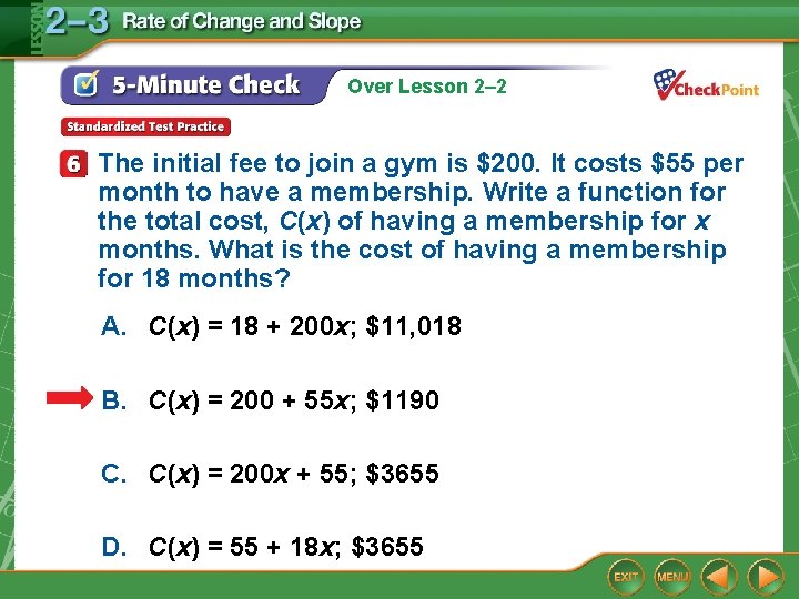 Over Lesson 2– 2 The initial fee to join a gym is $200. It Over Lesson 2– 2 The initial fee to join a gym is $200. It