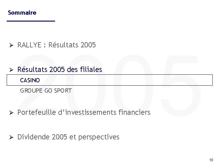 Sommaire Ø Ø 2005 RALLYE : Résultats 2005 des filiales CASINO GROUPE GO SPORT