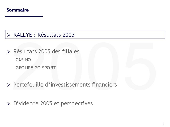 Sommaire Ø Ø 2005 RALLYE : Résultats 2005 des filiales CASINO GROUPE GO SPORT