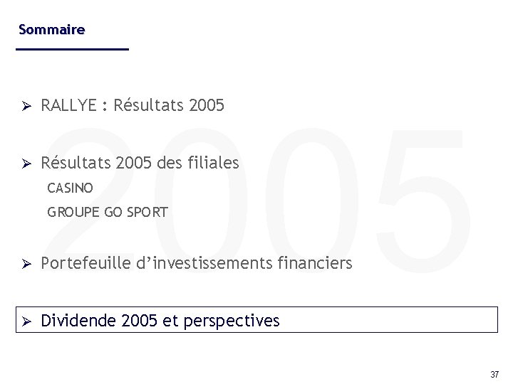 Sommaire Ø Ø 2005 RALLYE : Résultats 2005 des filiales CASINO GROUPE GO SPORT Sommaire Ø Ø 2005 RALLYE : Résultats 2005 des filiales CASINO GROUPE GO SPORT