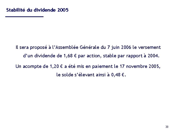 Stabilité du dividende 2005 Il sera proposé à l’Assemblée Générale du 7 juin 2006