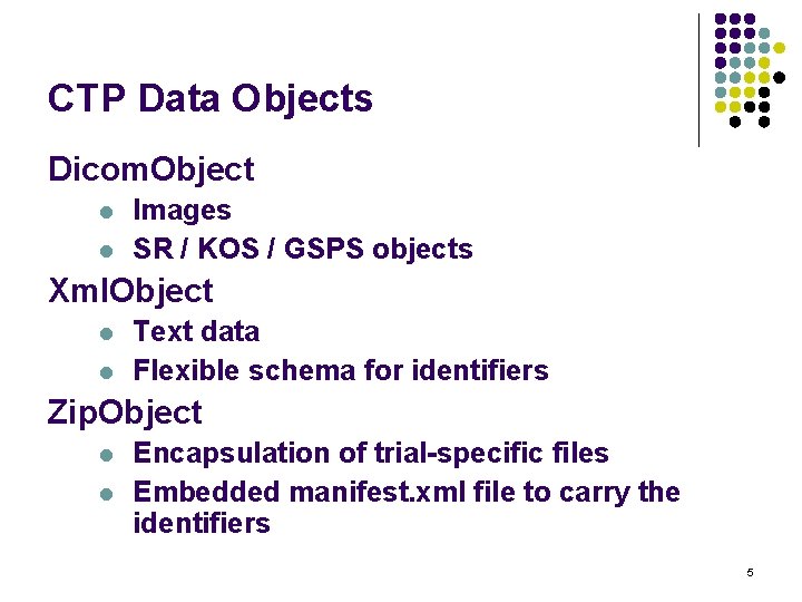 CTP Data Objects Dicom. Object Images SR / KOS / GSPS objects Xml. Object