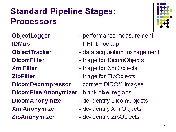 Standard Pipeline Stages: Processors Object. Logger IDMap Object. Tracker Dicom. Filter Xml. Filter Zip.