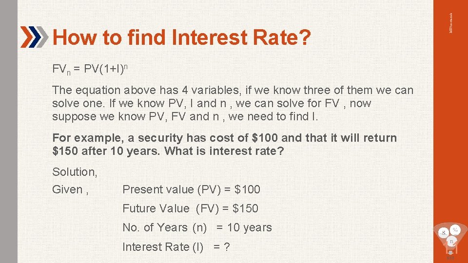 MBAmaterials How to find Interest Rate? FVn = PV(1+I)n The equation above has 4