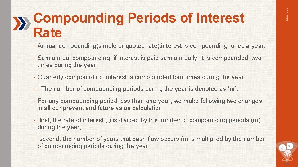  • Annual compounding(simple or quoted rate): interest is compounding once a year. •