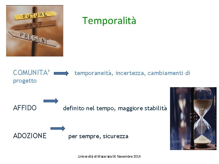 Temporalità COMUNITA’ temporaneità, incertezza, cambiamenti di progetto AFFIDO ADOZIONE definito nel tempo, maggiore stabilità