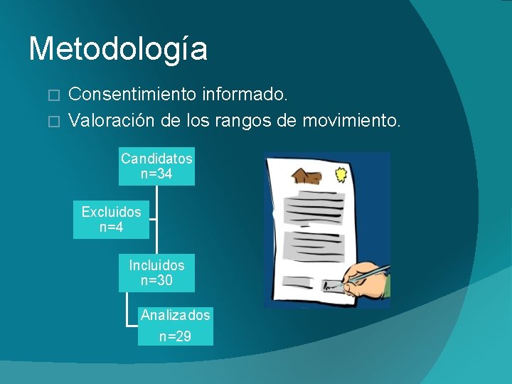 Metodología Consentimiento informado. � Valoración de los rangos de movimiento. � Candidatos n=34 Excluidos