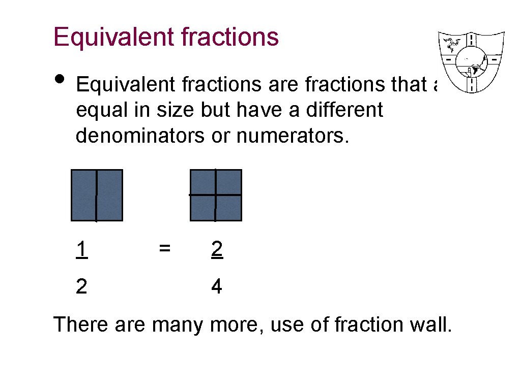 Equivalent fractions • Equivalent fractions are fractions that are equal in size but have