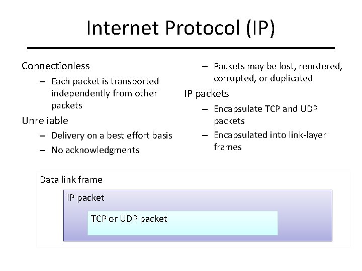 Internet Protocol (IP) Connectionless – Each packet is transported independently from other packets Unreliable