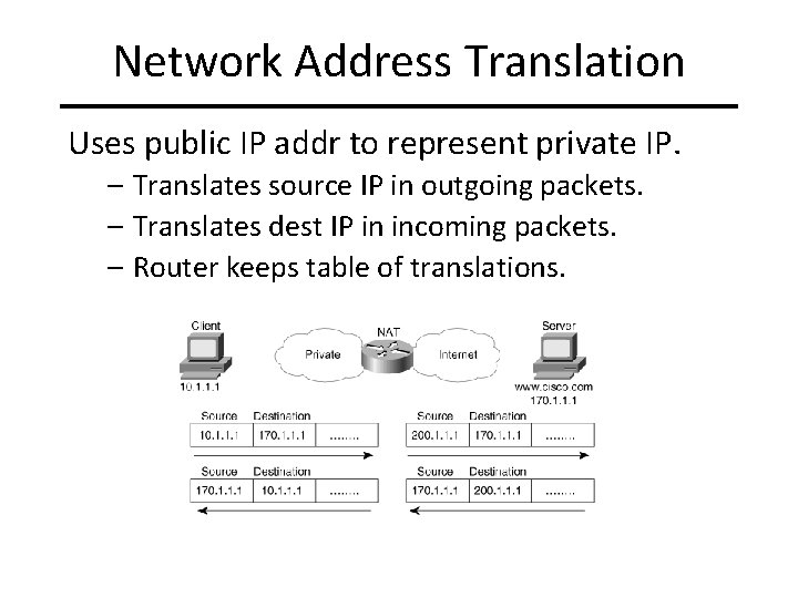 Network Address Translation Uses public IP addr to represent private IP. – Translates source
