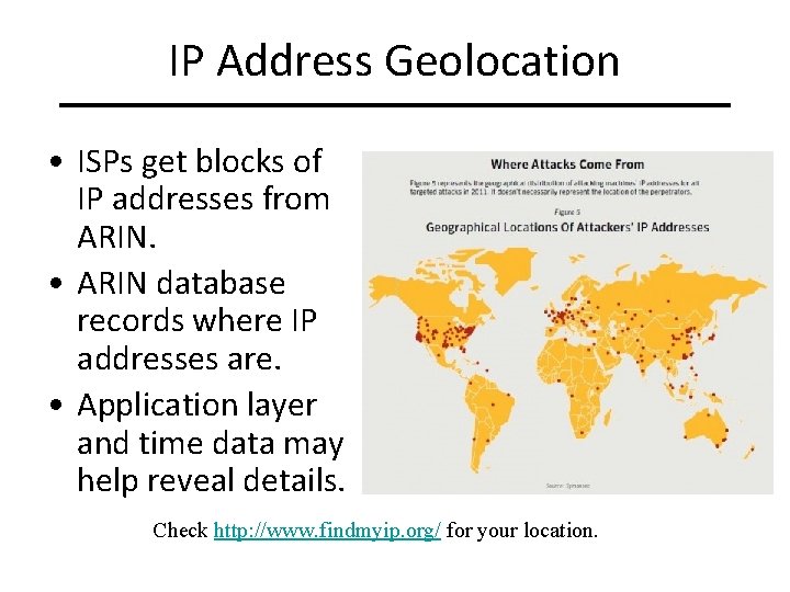 IP Address Geolocation • ISPs get blocks of IP addresses from ARIN. • ARIN