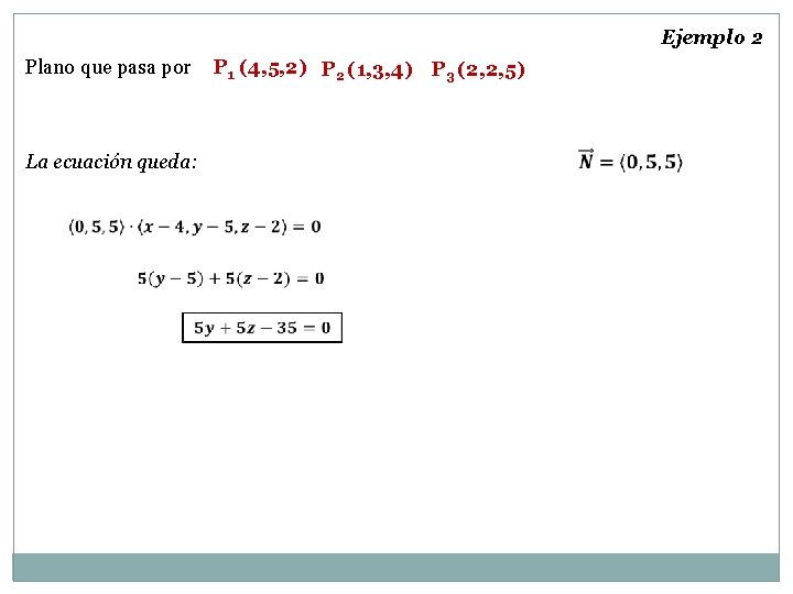 Ejemplo 2 Plano que pasa por P 1 (4, 5, 2) P 2 (1,