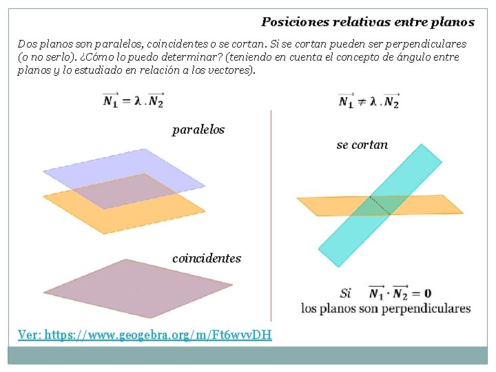 Posiciones relativas entre planos Dos planos son paralelos, coincidentes o se cortan. Si se