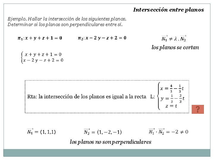 Intersección entre planos Ejemplo. Hallar la intersección de los siguientes planos. Determinar si los