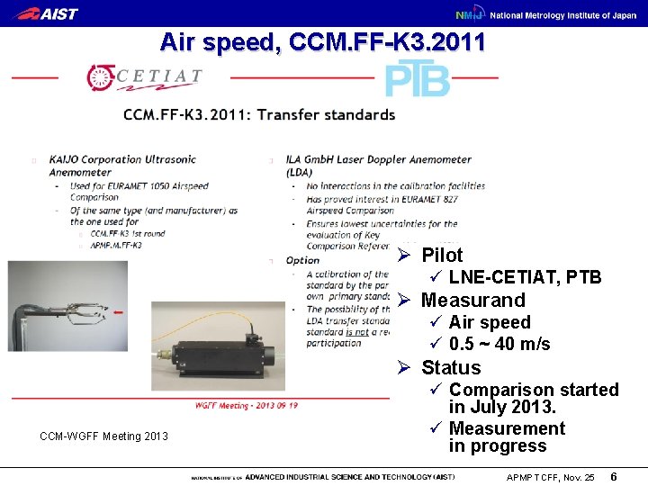 Air speed, CCM. FF-K 3. 2011 Ø Pilot ü LNE-CETIAT, PTB Ø Measurand ü