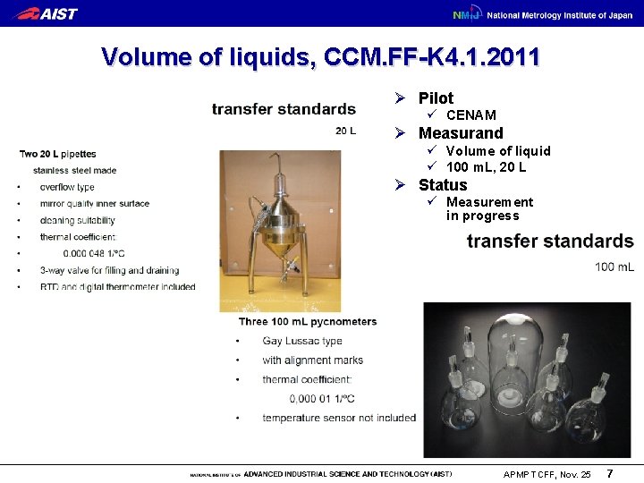 Volume of liquids, CCM. FF-K 4. 1. 2011 Ø Pilot ü CENAM Ø Measurand