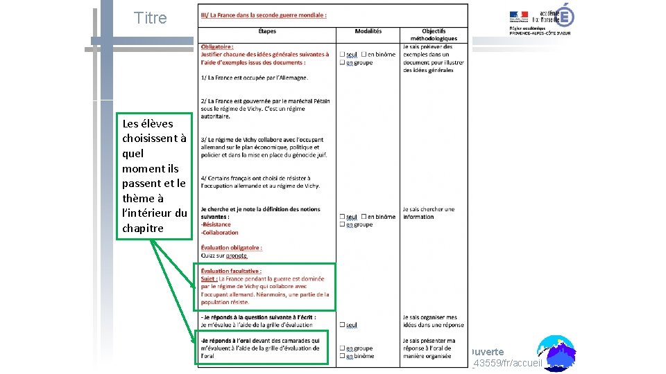 Titre Les élèves choisissent à quel moment ils passent et le thème à l’intérieur