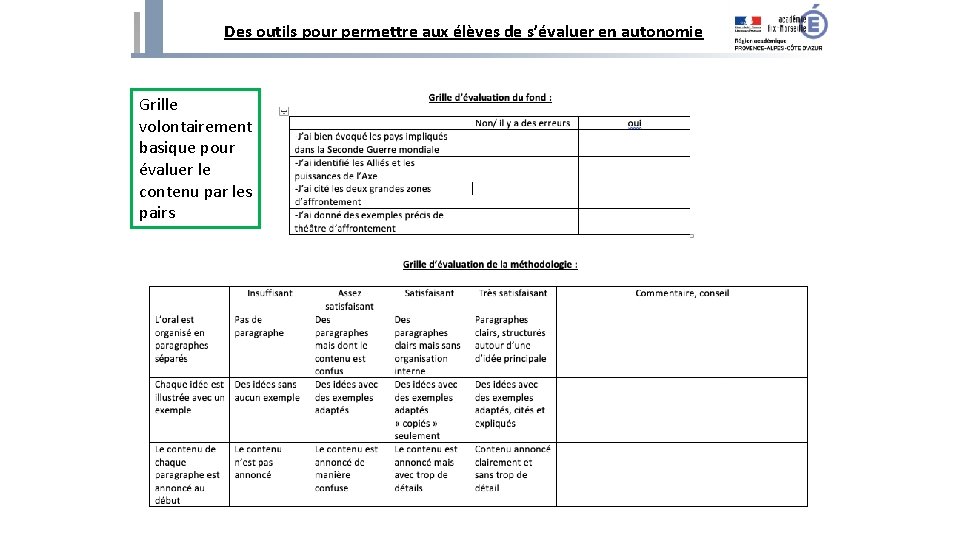 Des outils pour permettre aux élèves de s’évaluer en autonomie Grille volontairement basique pour