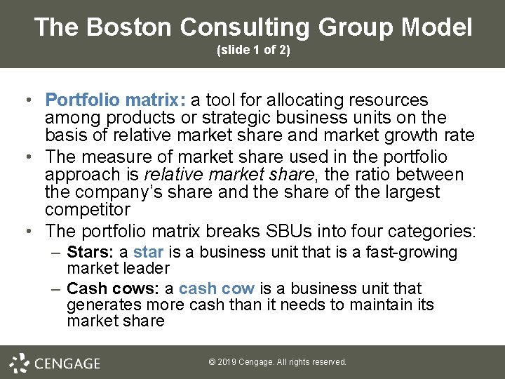 The Boston Consulting Group Model (slide 1 of 2) • Portfolio matrix: a tool The Boston Consulting Group Model (slide 1 of 2) • Portfolio matrix: a tool