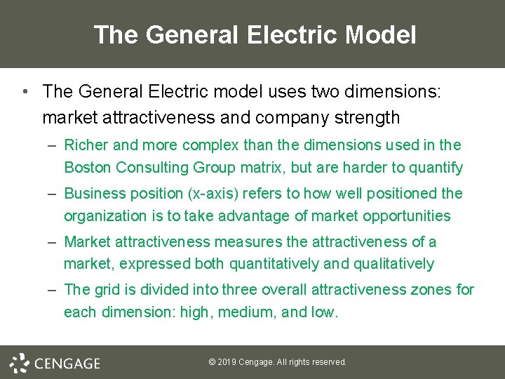 The General Electric Model • The General Electric model uses two dimensions: market attractiveness The General Electric Model • The General Electric model uses two dimensions: market attractiveness