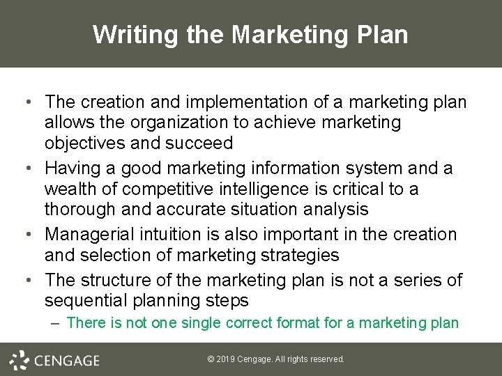 Writing the Marketing Plan • The creation and implementation of a marketing plan allows Writing the Marketing Plan • The creation and implementation of a marketing plan allows