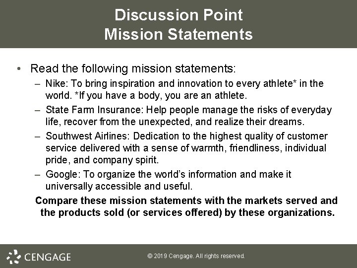 Discussion Point Mission Statements • Read the following mission statements: – Nike: To bring Discussion Point Mission Statements • Read the following mission statements: – Nike: To bring
