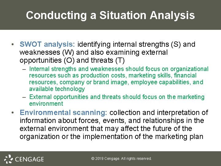 Conducting a Situation Analysis • SWOT analysis: identifying internal strengths (S) and weaknesses (W) Conducting a Situation Analysis • SWOT analysis: identifying internal strengths (S) and weaknesses (W)