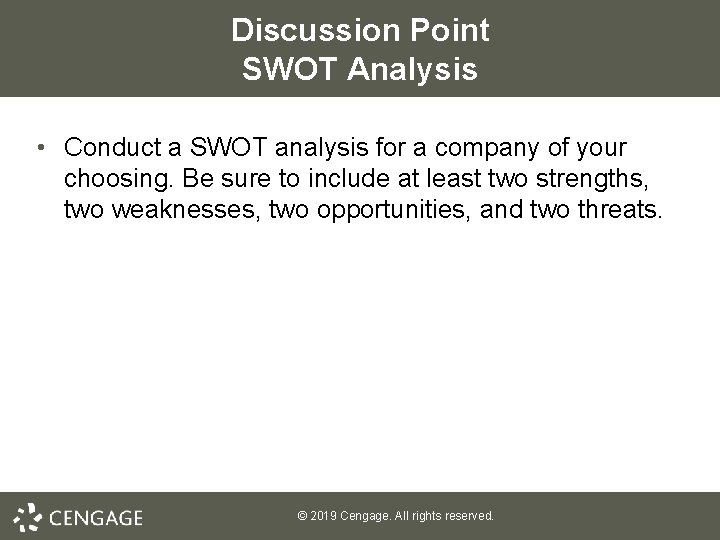 Discussion Point SWOT Analysis • Conduct a SWOT analysis for a company of your Discussion Point SWOT Analysis • Conduct a SWOT analysis for a company of your