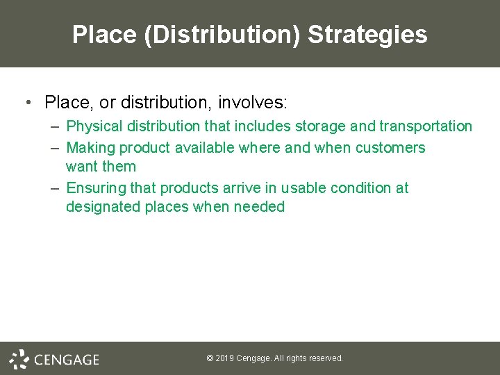Place (Distribution) Strategies • Place, or distribution, involves: – Physical distribution that includes storage Place (Distribution) Strategies • Place, or distribution, involves: – Physical distribution that includes storage